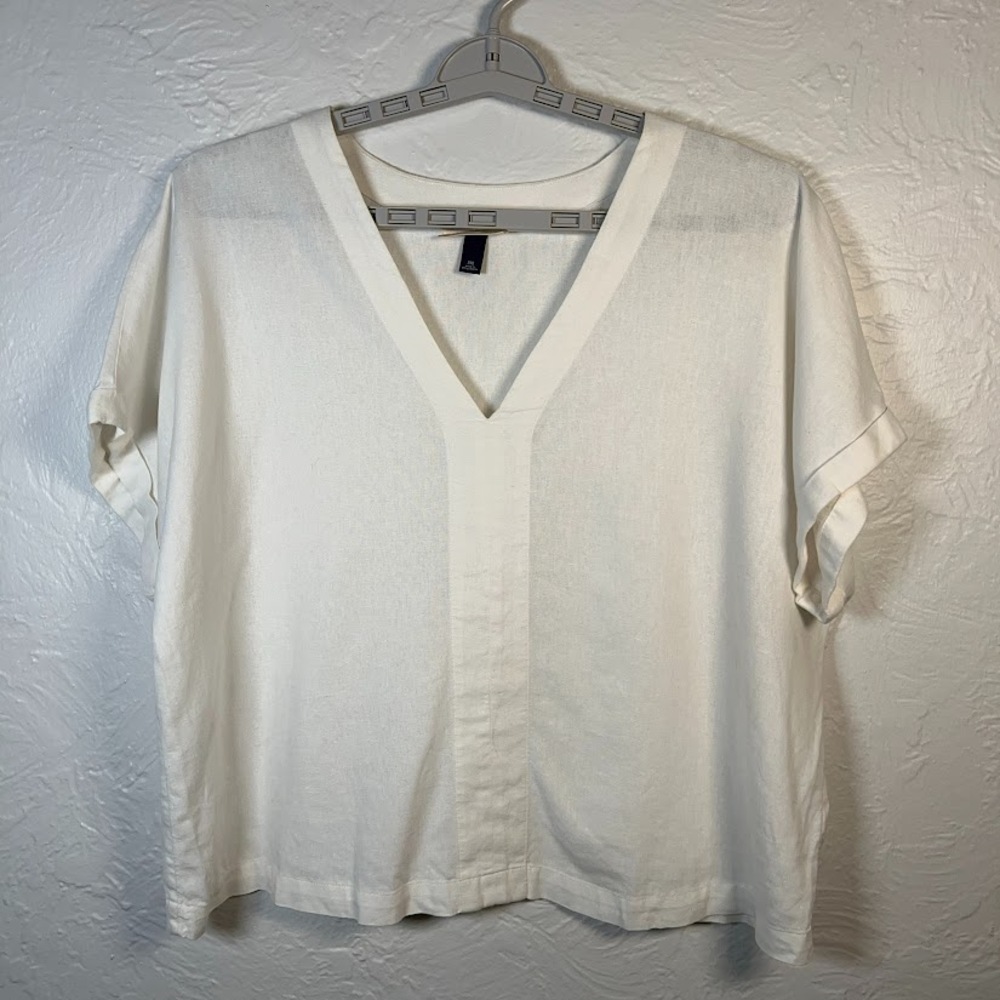 Universal Thread White Linen Blend Boxy Top V-Neck Cuff Sleeve 2XL Plus Resort